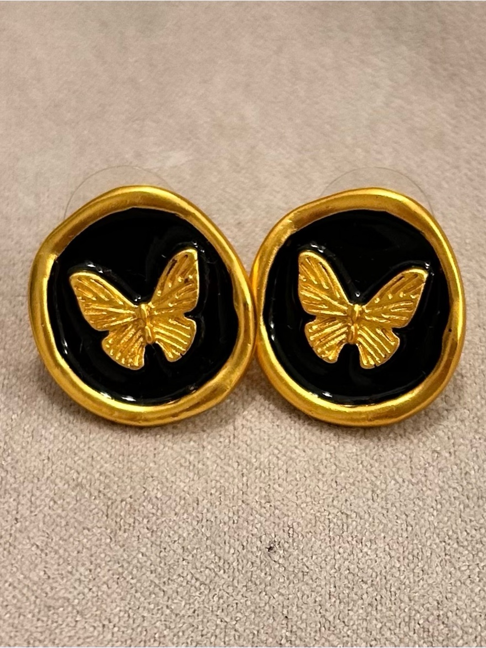Gold Butterfly Enamel Stud Earrings in Black and Gold -new without packaging